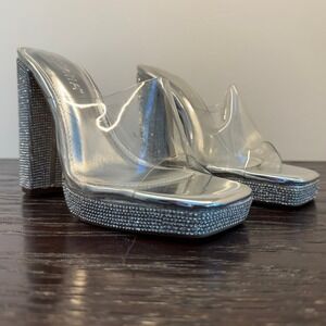 Liliana Ashlee-3 Silver Rhinestone Platform Block Heel Clear Strap Mules 7.5